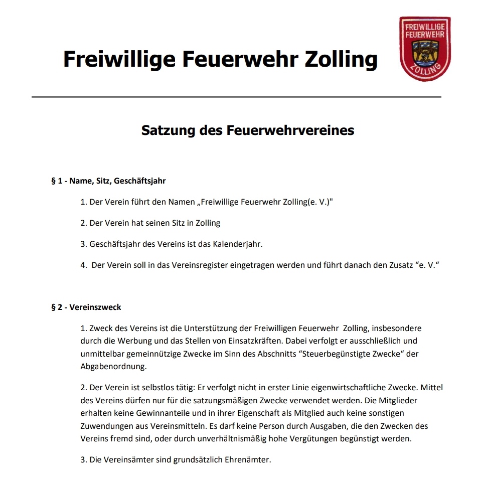 Satzung Freiwillige Feuerwehr Zolling
